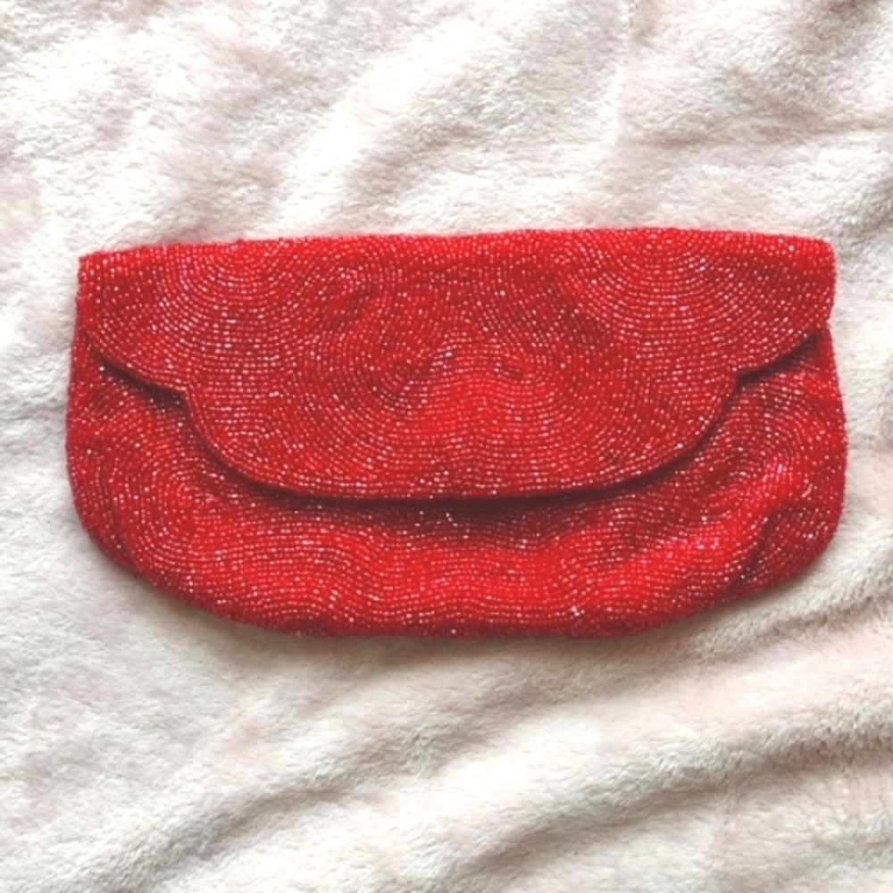 Vintage Red Beaded Clutch WALBORG Designer Handmade in Belgium Fancy Formal Bag
